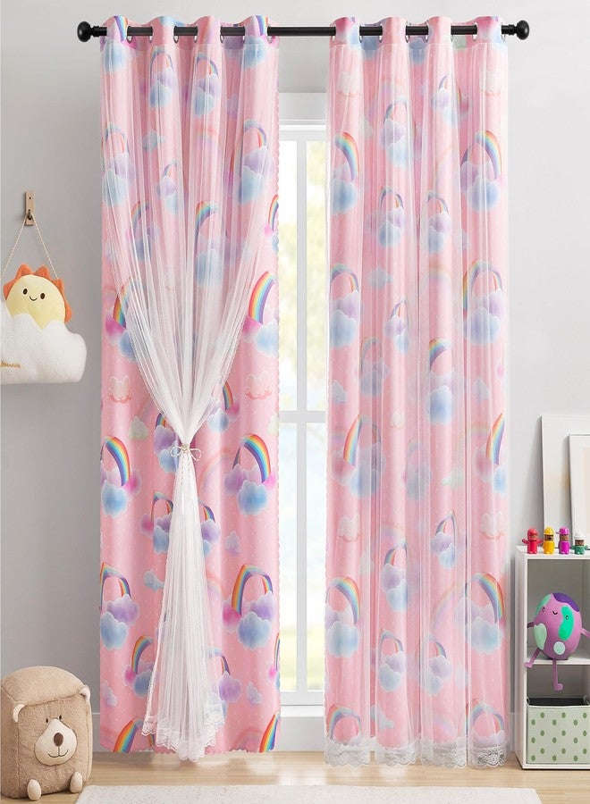 XiDi Pink Rainbow Curtains for Girls Bedroom 2 Panels 84 Inches Long Double Layer Cute Blackout Curtains with Sheer Overlay Lace for Kids Nursery Princess Thermal Insulated Grommet Window Drapes 52x84 - Image 1