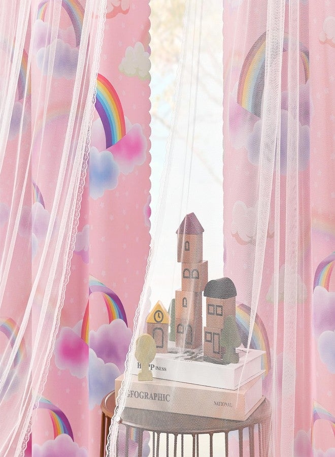 XiDi Pink Rainbow Curtains for Girls Bedroom 2 Panels 84 Inches Long Double Layer Cute Blackout Curtains with Sheer Overlay Lace for Kids Nursery Princess Thermal Insulated Grommet Window Drapes 52x84 - Image 2