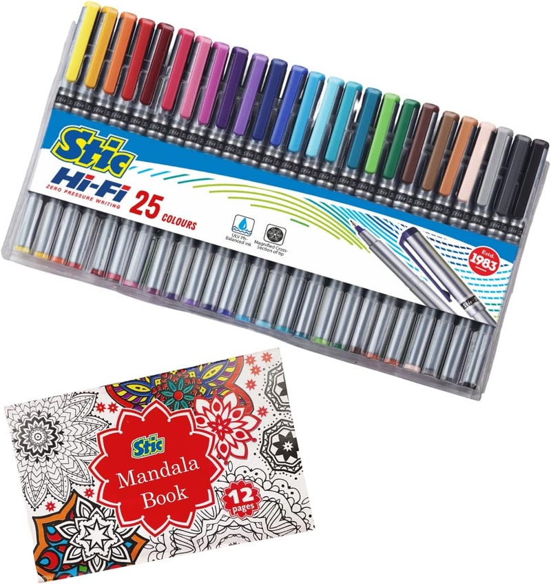 STIC 25 Fineliner Free Mandala Book Doodle Fine Liner Point 0.5Mm Stick Pens Set Assorted Sketch Color Micro Tip Sketching Doodling Anime Journal Outline Highlighting Activity (Multicolor) - Image 1