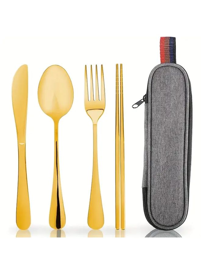 Golden Stainless Steel Travel Cutlery Set 5Pcs Fork Spoon Portable Camping Outdoor Durable - Image 1