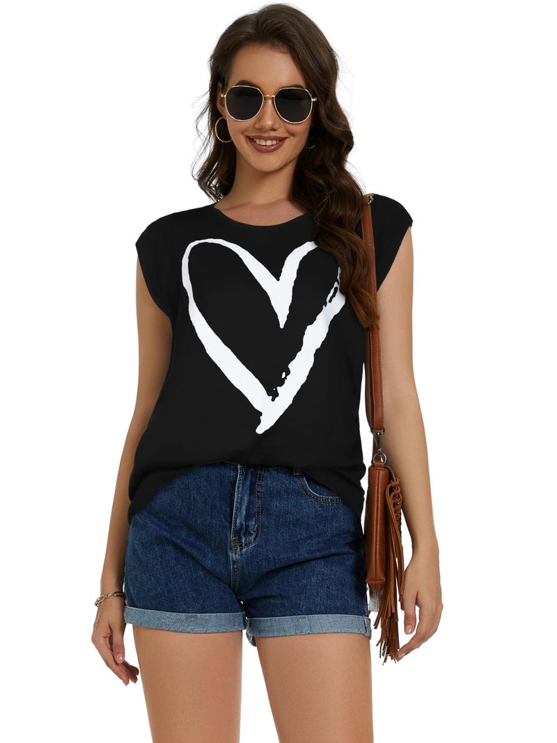 JOELLYUS Womens Summer Tops Casual Loose Cap Sleeve T Shirts Basic Dressy Tees Blouses(White Heart, M) - Image 5