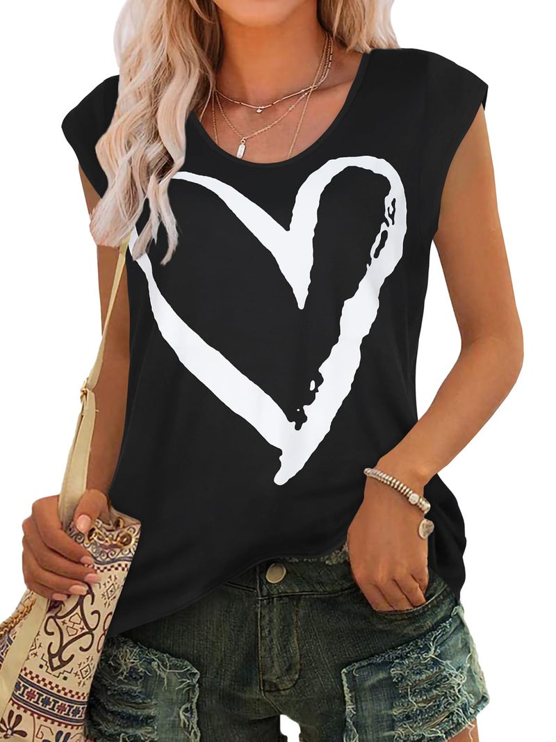 JOELLYUS Womens Summer Tops Casual Loose Cap Sleeve T Shirts Basic Dressy Tees Blouses(White Heart, M) - Image 1