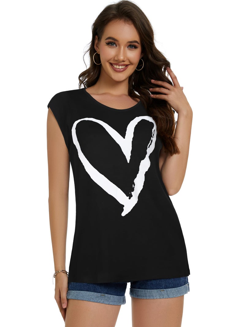 JOELLYUS Womens Summer Tops Casual Loose Cap Sleeve T Shirts Basic Dressy Tees Blouses(White Heart, M) - Image 2