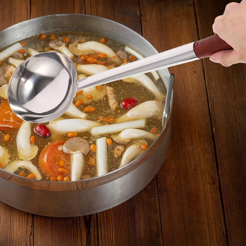 Stainless Steel Cooking Ladle with Wood Handle, 8-ounce Serving Spoon for Kitchen Cooking, Sturdy Metal Food Spoon for Hot Pot and Soup - Image 4