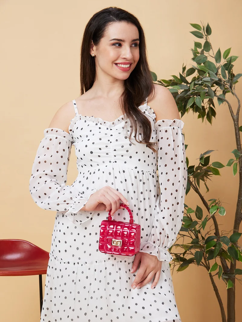 جلو باص Women White Polka Dots Printed Cold-Shoulder Gathered Tiered Fit & Flare Dress