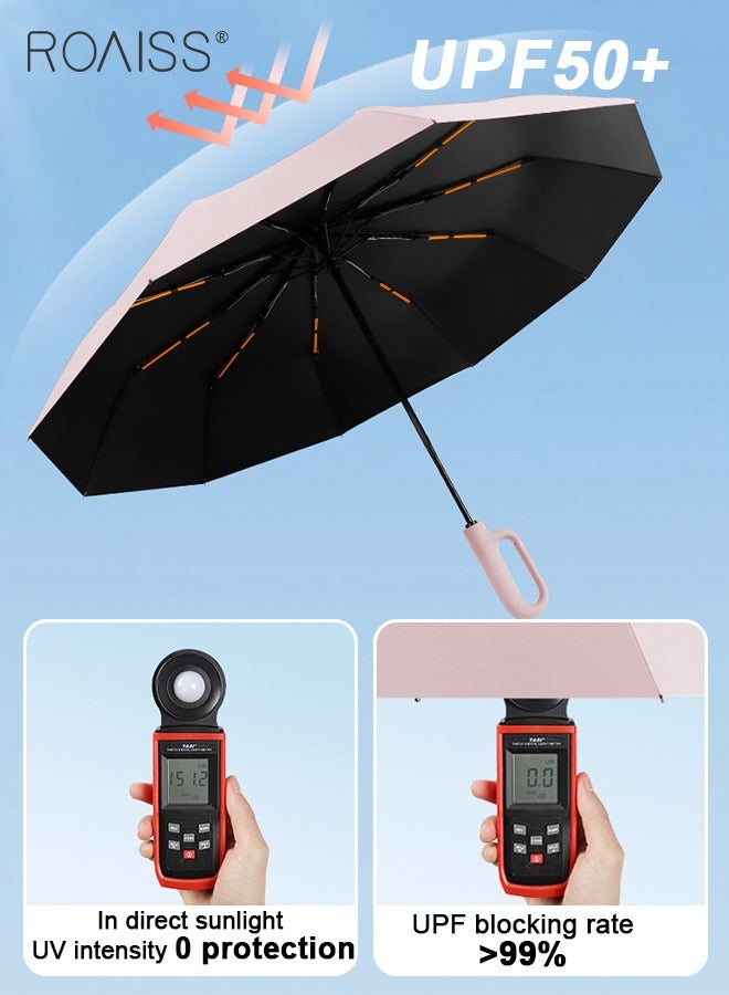 رويس مظلة متعددة الوظائف للجنسين ذات الطي التلقائي مع طلاء مكثف للتبريد والعزل الحراري وأضلاع مظلة مزدوجة لمقاومة الرياح والماء ومقبض دائري لسهولة الحمل تصميم بـ 10 أضلاع وثلاث طيات ومعيار UPF50 - Image 4