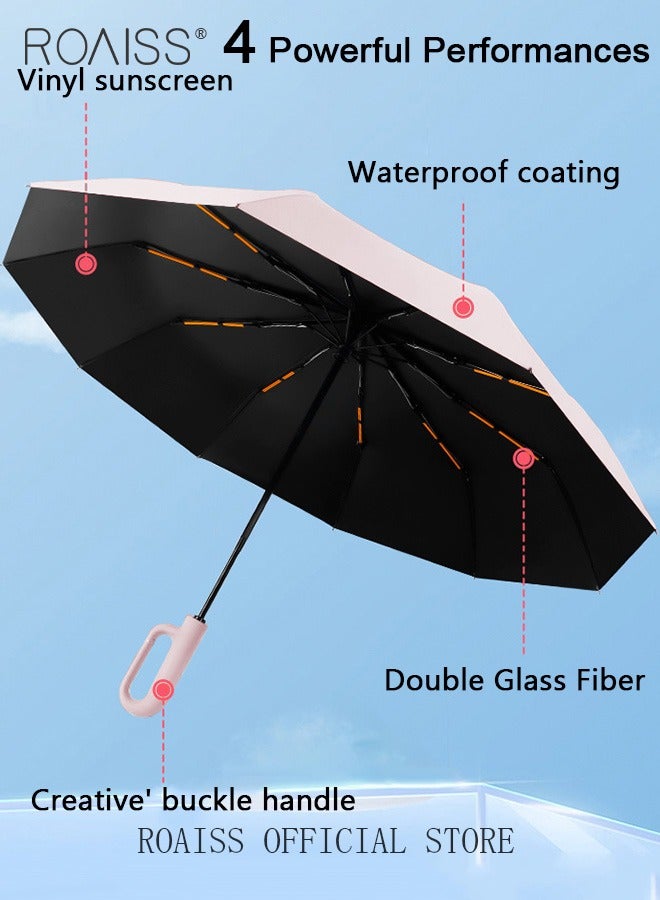 رويس مظلة متعددة الوظائف للجنسين ذات الطي التلقائي مع طلاء مكثف للتبريد والعزل الحراري وأضلاع مظلة مزدوجة لمقاومة الرياح والماء ومقبض دائري لسهولة الحمل تصميم بـ 10 أضلاع وثلاث طيات ومعيار UPF50 - Image 3