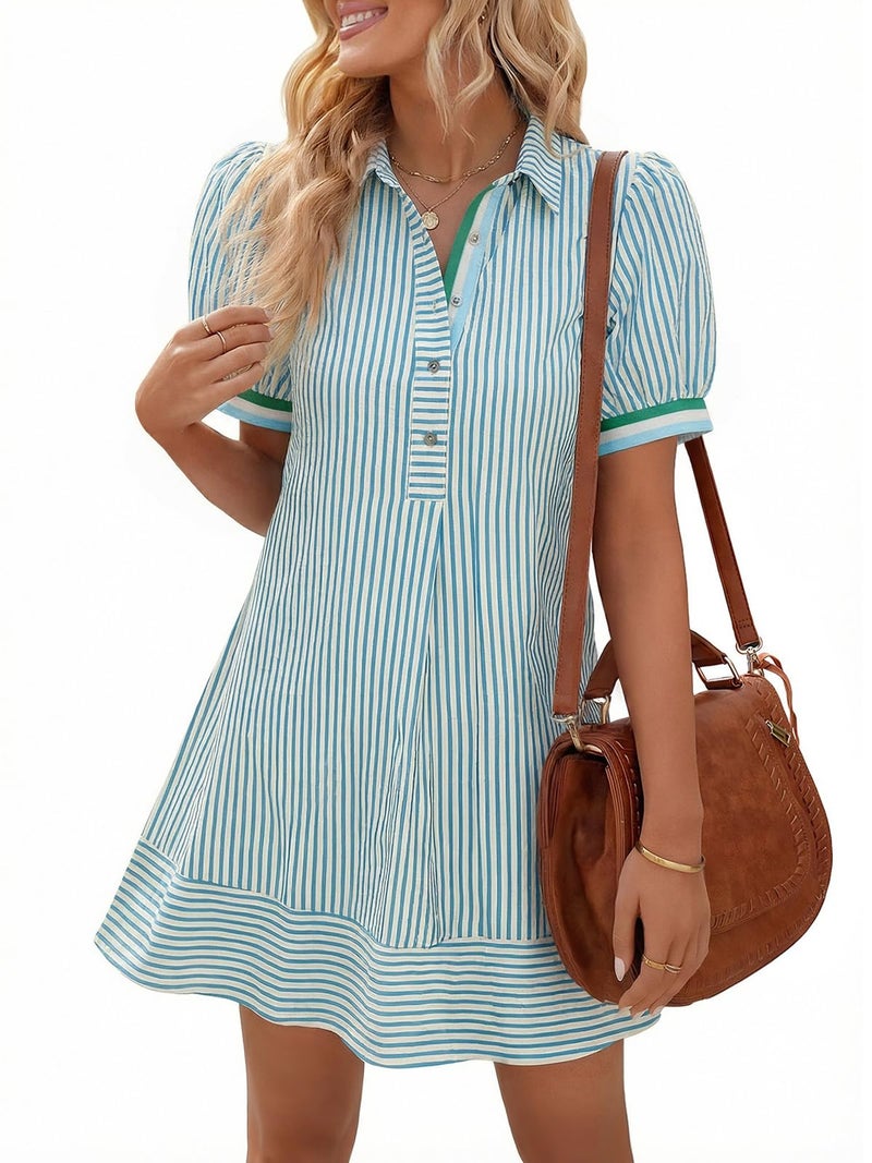 Wenrine Womens Summer Striped Mini Dresses Puff Short Sleeve Loose Fit Casual Button Collared Shirt Dress with Pockets Light Blue - Image 1