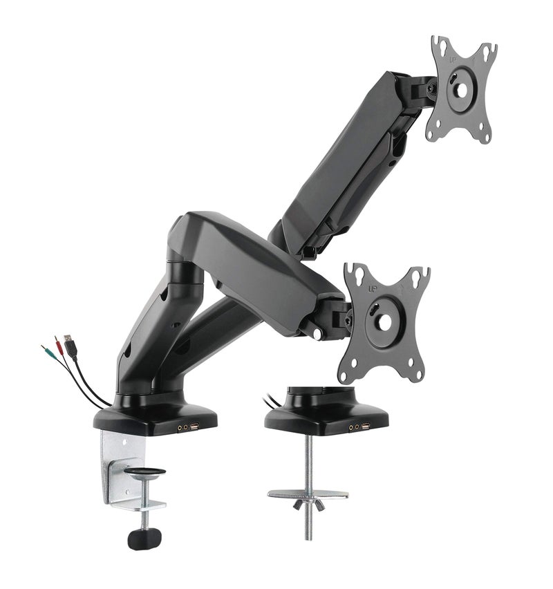 Rocelco Premium Double Monitor Desk Mount with USB 20 and Audio Port Fits Dual 13 27 LED LCD Flat Screens Pneumatic Full Motion Assist Adjustable Arm Grommet and C Clamp Black R MA2
