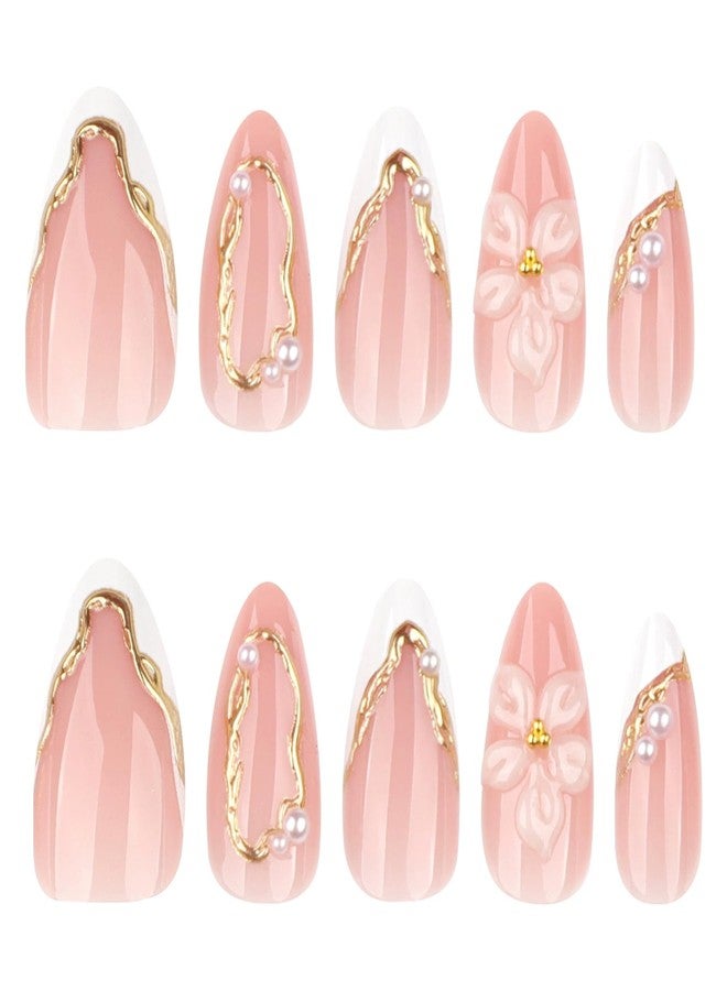ZEYER 24Pcs White Flower Press on Nails Almond - Medium French Tip Fake Nails with Embossed 3D Flower&Gold Edged Pearl Designs, Glossy Finish Reusable False Nails with Glue Tabs Nail Kit for Women Manicure - Image 4