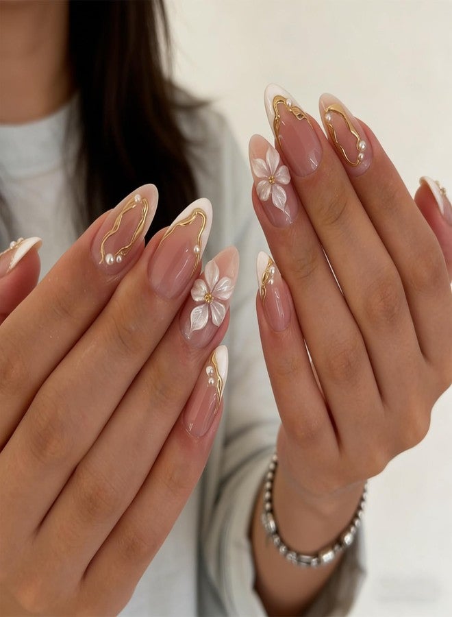 ZEYER 24Pcs White Flower Press on Nails Almond - Medium French Tip Fake Nails with Embossed 3D Flower&Gold Edged Pearl Designs, Glossy Finish Reusable False Nails with Glue Tabs Nail Kit for Women Manicure - Image 3