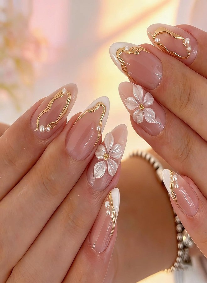 ZEYER 24Pcs White Flower Press on Nails Almond - Medium French Tip Fake Nails with Embossed 3D Flower&Gold Edged Pearl Designs, Glossy Finish Reusable False Nails with Glue Tabs Nail Kit for Women Manicure - Image 1