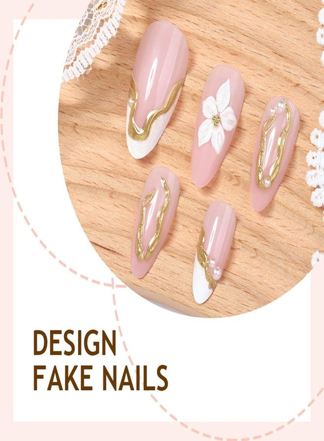 ZEYER 24Pcs White Flower Press on Nails Almond - Medium French Tip Fake Nails with Embossed 3D Flower&Gold Edged Pearl Designs, Glossy Finish Reusable False Nails with Glue Tabs Nail Kit for Women Manicure - Image 5