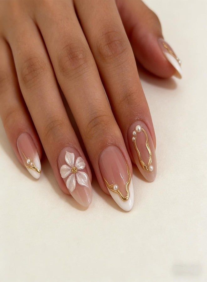 ZEYER 24Pcs White Flower Press on Nails Almond - Medium French Tip Fake Nails with Embossed 3D Flower&Gold Edged Pearl Designs, Glossy Finish Reusable False Nails with Glue Tabs Nail Kit for Women Manicure - Image 2