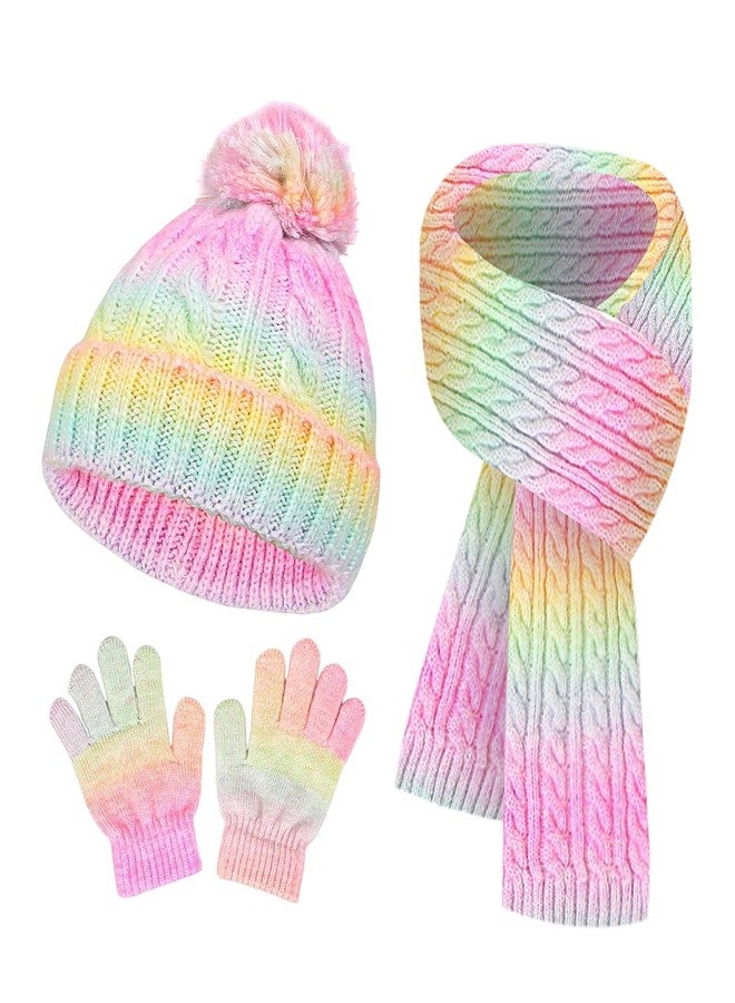 SK Studio Kids Winter Hat Gloves Scarf Set, Girls Toddler Beanie with Pom Knit Neck Warmer Gloves Fleece Lined Set, Pink - Image 1