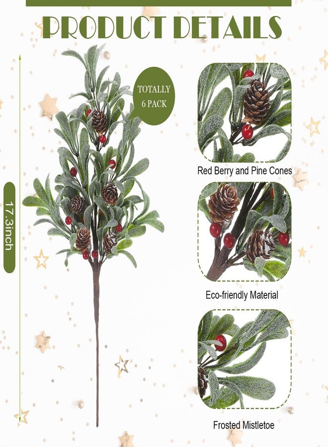 Solsew 6 Pcs Christmas Artificial Mistletoe Picks 17.3 Inch Fake Mistletoe Decoration Branches with Berries Pinecones Ornaments DIY Crafts for Xmas Tree Wreath Holiday Decor(Red Berry) - Image 2