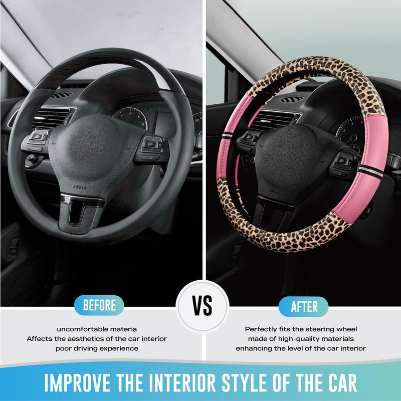Road Comforts Leopard Steering Wheel Cover - Made with PVC Leather Cheetah Print - Anti-Slip, Universal Fit 14 1/2 inches to 15 inches - Pink - Image 3