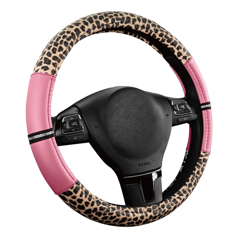 Road Comforts Leopard Steering Wheel Cover - Made with PVC Leather Cheetah Print - Anti-Slip, Universal Fit 14 1/2 inches to 15 inches - Pink - Image 2