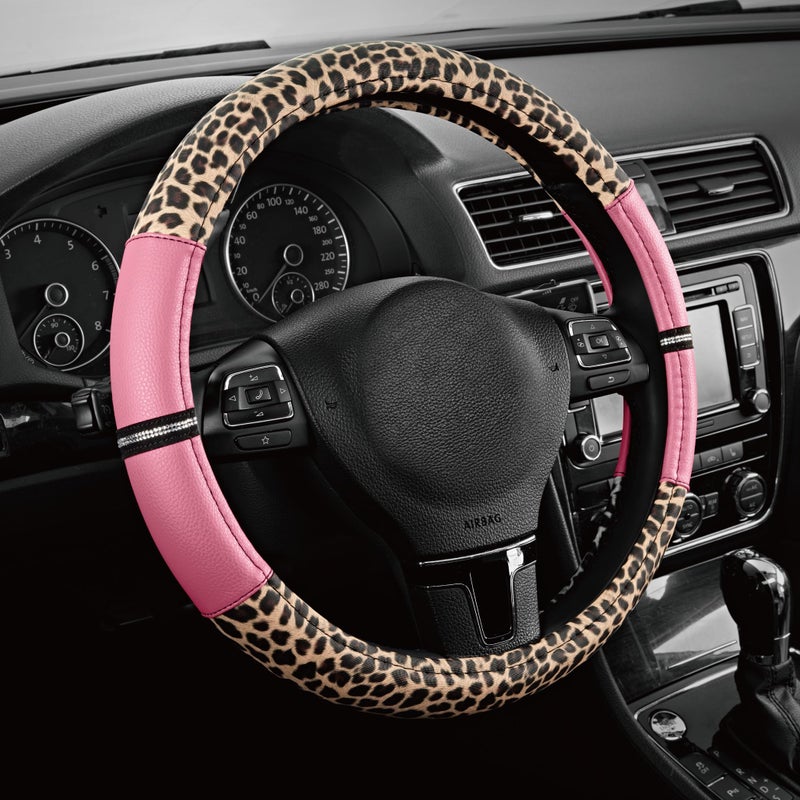 Road Comforts Leopard Steering Wheel Cover - Made with PVC Leather Cheetah Print - Anti-Slip, Universal Fit 14 1/2 inches to 15 inches - Pink - Image 1