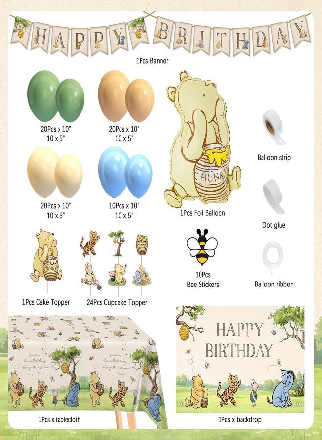 Heboland 149pcs Winnie Pooh Birthday Decorations, Vintage Pooh Bear Party Decor Includes 3D Winnie Folie Balloon, Balloon Arch, Backdrop, Banner, Tablecloth, Cake Toppers, Stickers for Girls Boys Birthday - Image 2