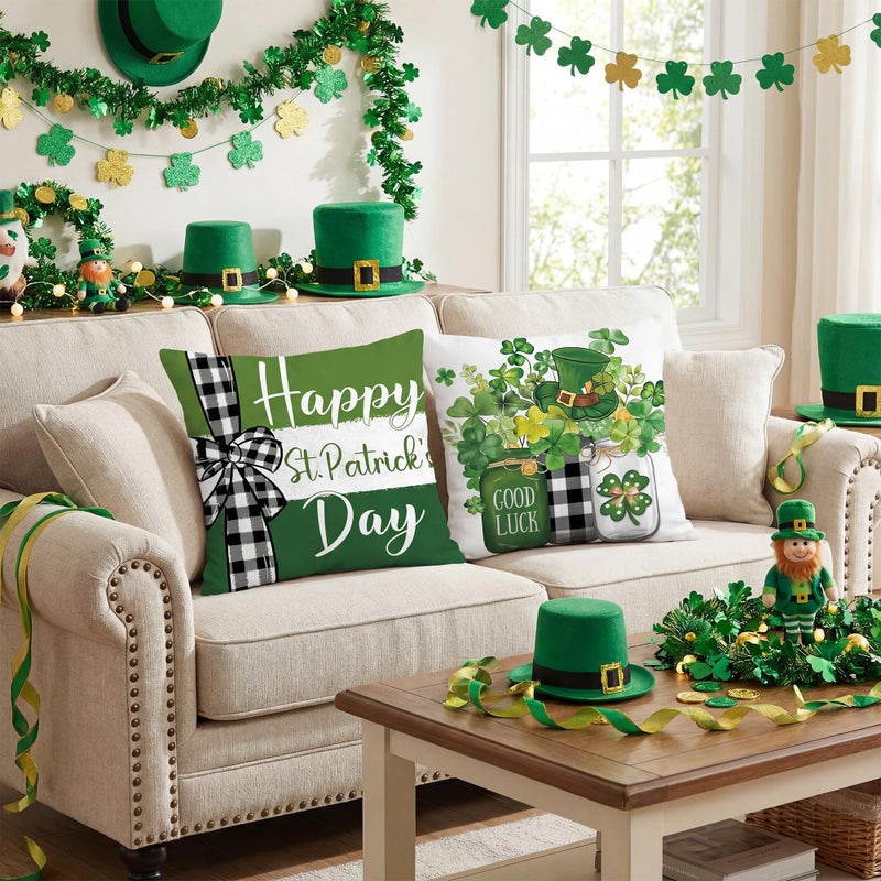 FUTBU St Patrick's Day Throw Pillow Covers, Lucky Charms Sharmcork Clover Cushion Case, Buffalo Plaid Good Luck Decoration for Sofa Couch Set of 4 Bless Our House 18x18 Inch - Image 4