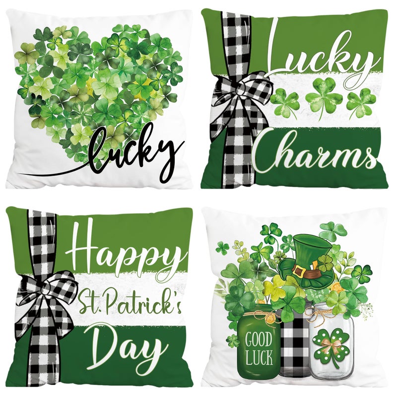FUTBU St Patrick's Day Throw Pillow Covers, Lucky Charms Sharmcork Clover Cushion Case, Buffalo Plaid Good Luck Decoration for Sofa Couch Set of 4 Bless Our House 18x18 Inch - Image 1