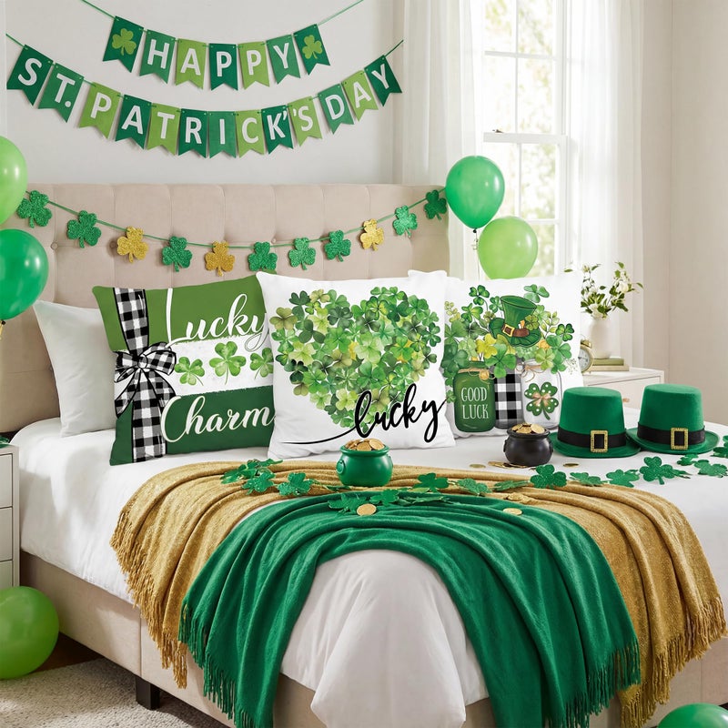 FUTBU St Patrick's Day Throw Pillow Covers, Lucky Charms Sharmcork Clover Cushion Case, Buffalo Plaid Good Luck Decoration for Sofa Couch Set of 4 Bless Our House 18x18 Inch - Image 5