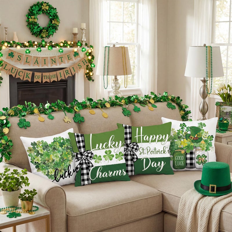 FUTBU St Patrick's Day Throw Pillow Covers, Lucky Charms Sharmcork Clover Cushion Case, Buffalo Plaid Good Luck Decoration for Sofa Couch Set of 4 Bless Our House 18x18 Inch - Image 3