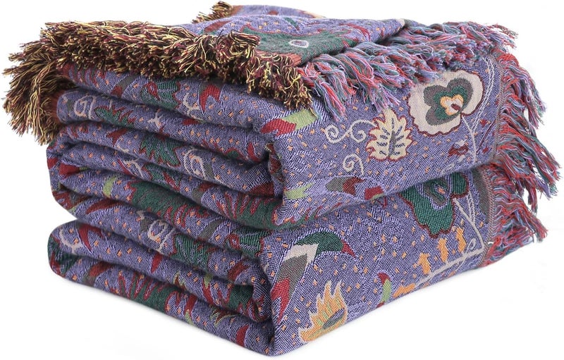 LUTBM Boho Throw Blanket for Bed 100% Cotton Ultra Soft Rustic Quilt Farmhouse Decor Bed Fall Blanket,All Season Rustic Throw for Sofa Couch Chair (Flower-Purple, 80"×90") - Image 1