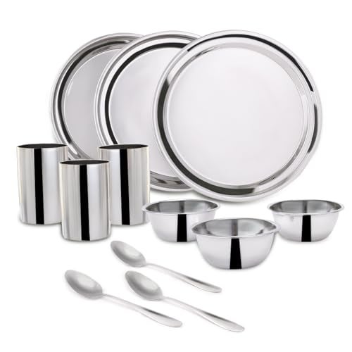 Wonderchef Venice Stainless Steel Dinner Set of 12pcs | Plates, Glasses, Bowls, Spoons | Classic Design and Gloss Finish | 100% Food-Grade Stainless Steel | Non-Corrosive, Unbreakable | Easy to Clean - Image 1