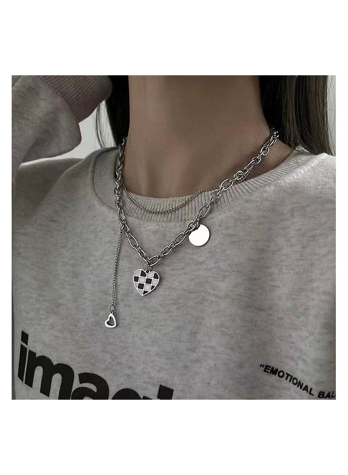 Goolsky Titanium Steel Double-Layer Checkerboard Heart Necklace – Indie Hip-Hop Collarbone Chain, Trendy Sweater Layering Accessory  - Image 1