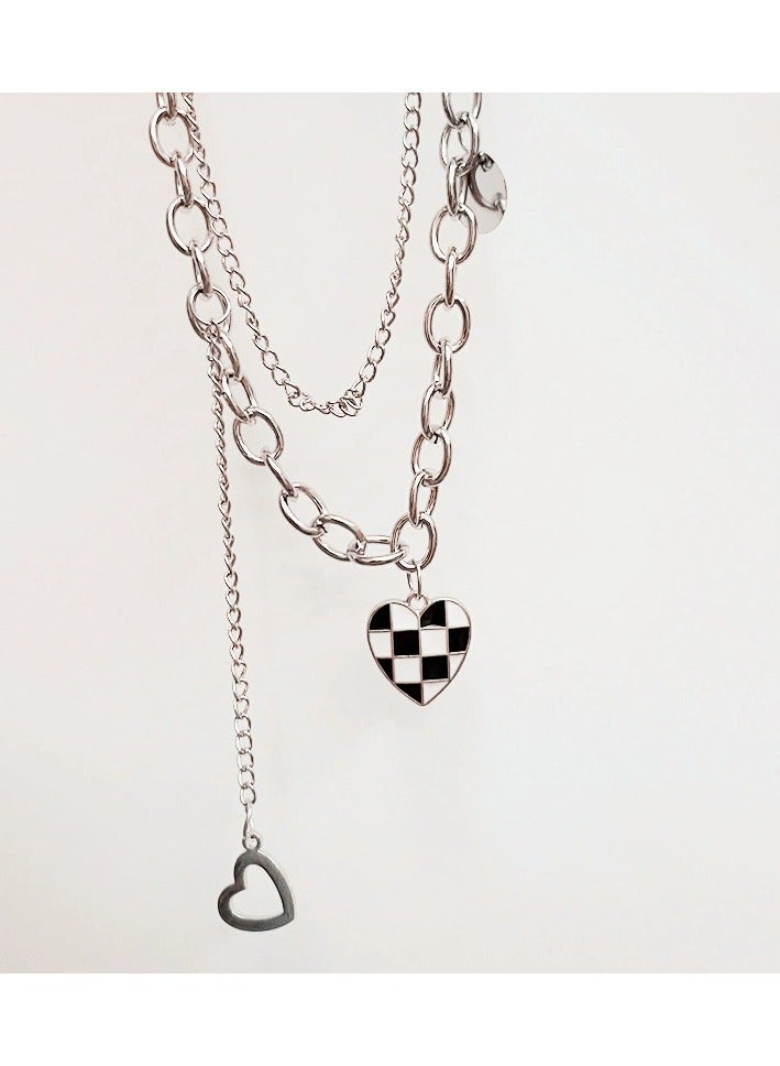 Goolsky Titanium Steel Double-Layer Checkerboard Heart Necklace – Indie Hip-Hop Collarbone Chain, Trendy Sweater Layering Accessory  - Image 3