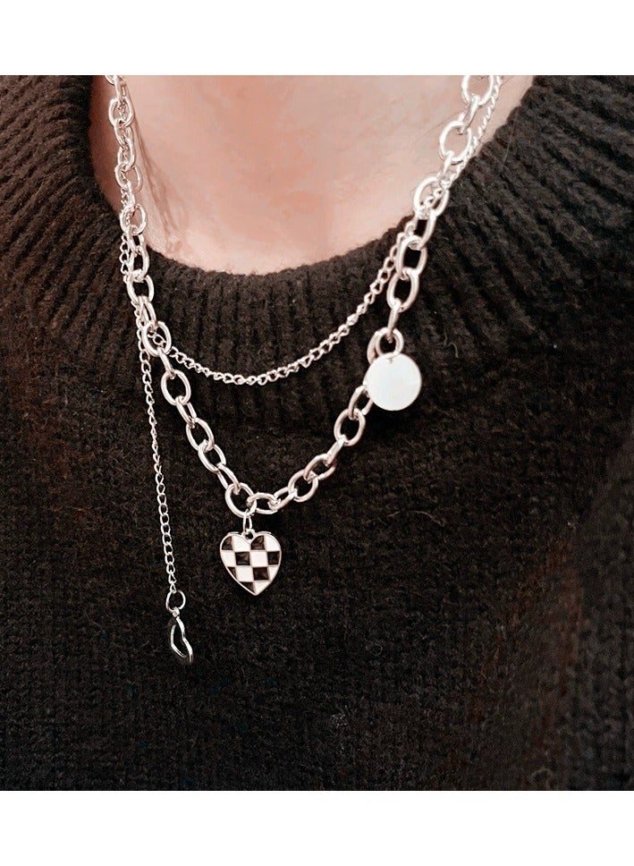 Goolsky Titanium Steel Double-Layer Checkerboard Heart Necklace – Indie Hip-Hop Collarbone Chain, Trendy Sweater Layering Accessory  - Image 4