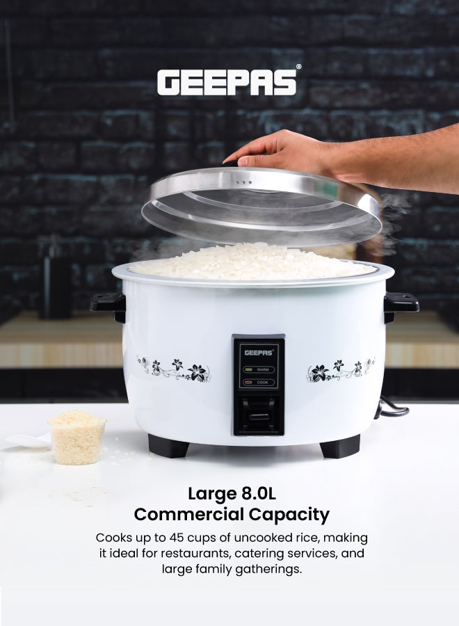 GEEPAS 8 L Commercial Rice Cooker, Durable Construction, Removable Non-Stick Aluminum Pot, Cool Touch Handle, Includes Cook, Keep Warm Functions, With Stainless Steel Lid, Aluminum Inner Steamer, Perfect For Quinoa, Risotto, Vegetables, Soups, Sauces, Eggs, Etc. 2 Years Warranty Grc4322H 8 L 2500 W GRC4322H White - Image 2