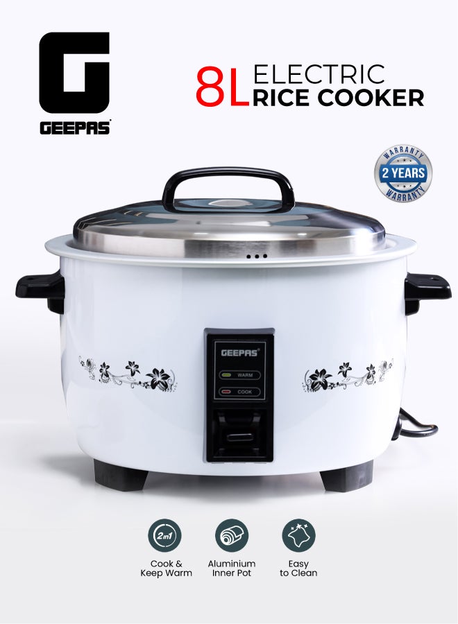 GEEPAS 8 L Commercial Rice Cooker, Durable Construction, Removable Non-Stick Aluminum Pot, Cool Touch Handle, Includes Cook, Keep Warm Functions, With Stainless Steel Lid, Aluminum Inner Steamer, Perfect For Quinoa, Risotto, Vegetables, Soups, Sauces, Eggs, Etc. 2 Years Warranty Grc4322H 8 L 2500 W GRC4322H White - Image 1