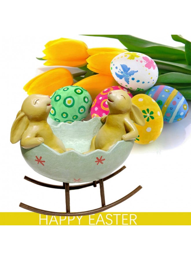 KiaoTime Laughing Bunny Rabbits Rocking in an Easter Egg Cradle Spring Easter Decoration Vintage Rustic Country Bunnies Rabbit Figurine Statue (Bunnies in a Cradle) - Image 2