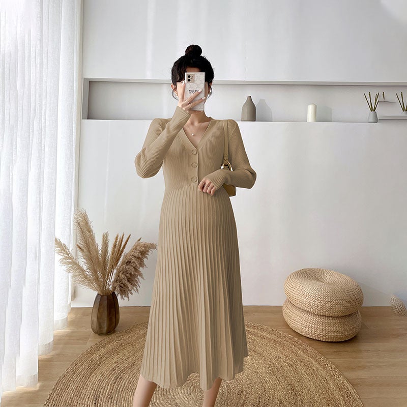 Maternity Knit Dress Sweater Autumn Winter Khaki  - Image 4