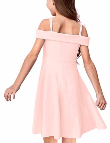 LuckyShe Girls Elegant Princess Cold Shoulder Fold Pleated High Waist Flared A Line Formal Party Dresses,Pink,10 Years - Image 3