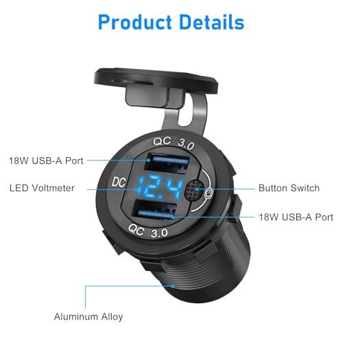 Linkstyle 12V Charger Socket Panel, 18W QC3.0 USB-A Port Dual USB Power Outlet, Cigarette Lighter Socket, for RV Car Boat - Image 2