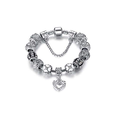 Savlano Silver Tone Heart Charm Bracelet with Crystal and Murano Glass Beads Snake Chain for Women Comes in a Gift Box - Image 2