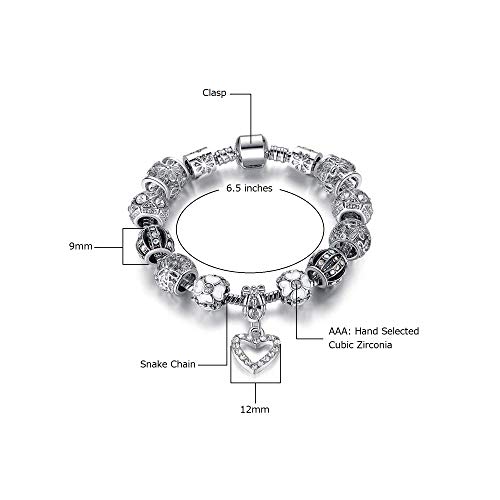 Savlano Silver Tone Heart Charm Bracelet with Crystal and Murano Glass Beads Snake Chain for Women Comes in a Gift Box - Image 3