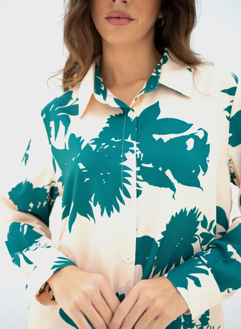 Hassal Floral Print Button Down Shirt And High Waist Pants Set