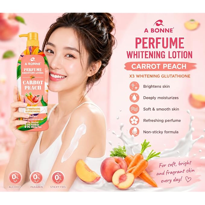 ROSMAR Thailand A Bonne Perfume Whitening Body Lotion Carrot & Peach with Glutathione, Moisturizing Body Lotion, Fast-Absorbing Formula, Non-Sticky Feel, 500ml Each, Pack of 2 - Image 2