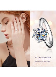 Luxury Classic Six-Prong Moissanite Ring D Color 3 Carat S925 Sterling Silver 18K Gold Plated White