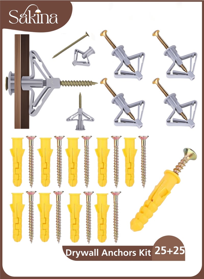 Sakina Wall Anchors Expansion Screws Kit, Combo Set of 25 Ribbed Drywall Anchors with Screws + 25 Self-Drilling Hollow Wall Anchors, Heavy Duty Fixing Kit for Gypsum Board, Drywall, Hollow Wall, Easy Installation - Image 1