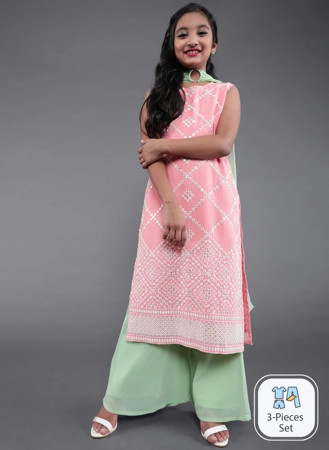 AKS Pink Ethnic Kurta Set With Palazzos For Girls