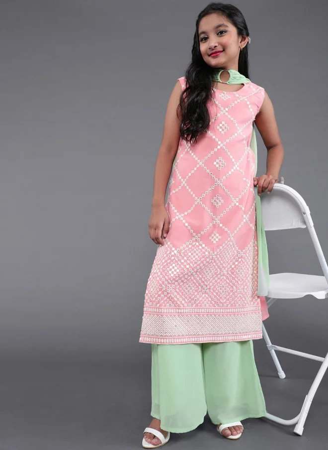 AKS Pink Ethnic Kurta Set With Palazzos For Girls