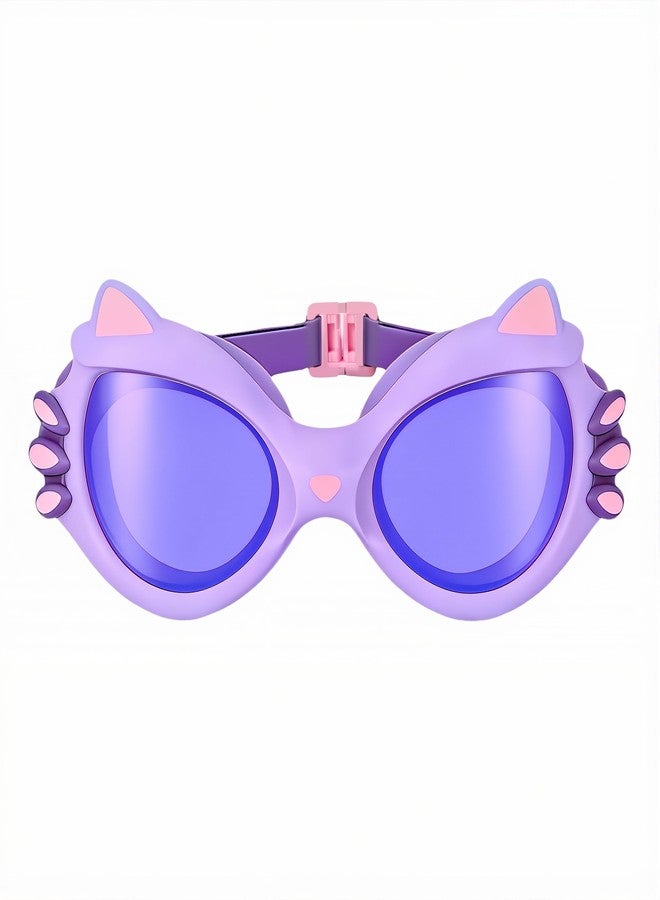 Cartoon Swim Goggles for Kids Age 3-10, Anti-Leak Anti-Fog UV Protection, Soft Adjustable Strap, Comfortable Fit (Purple, Kitty Cat Eye) - Image 1
