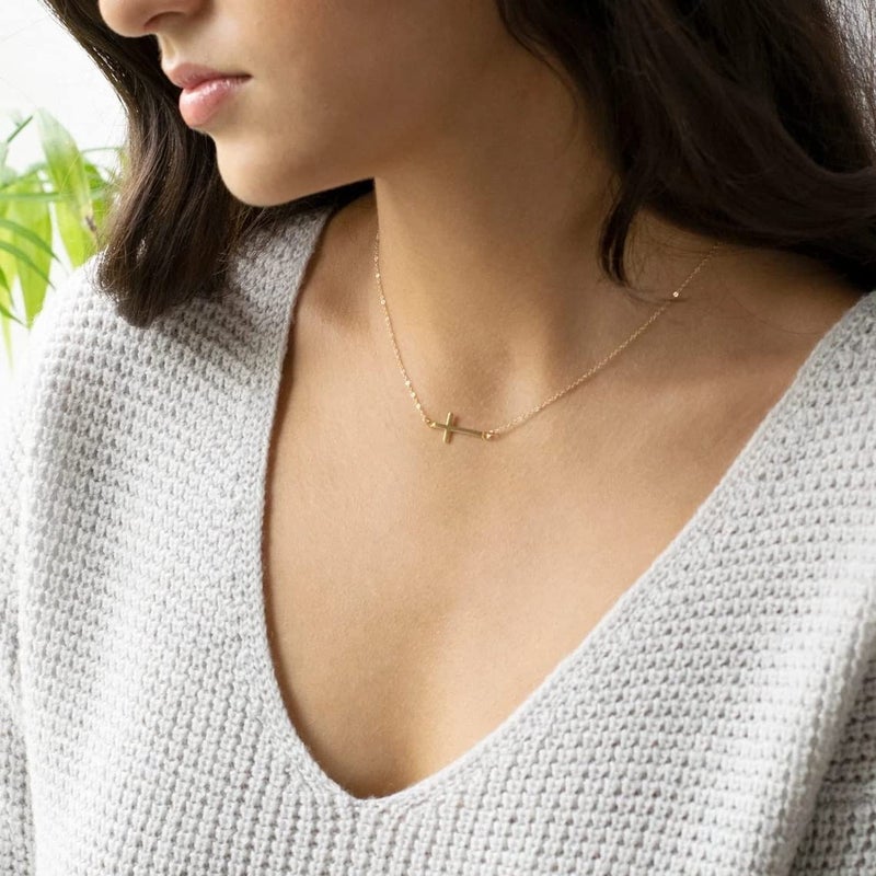 VIROMY Dainty Gold Sideways Cross Necklace for Women 14K Gold Plated Simple Cross Bar Pendant Necklaces Minimalist Faith Jewelry for Women - Image 3
