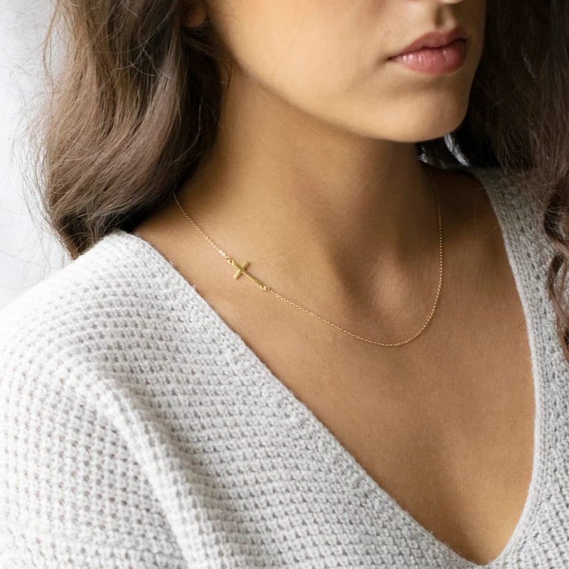 VIROMY Dainty Gold Sideways Cross Necklace for Women 14K Gold Plated Simple Cross Bar Pendant Necklaces Minimalist Faith Jewelry for Women - Image 4